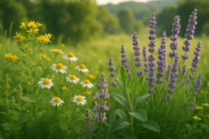Blühende Wildblumenwiese mit Kamille, Lavendel und gelben Blumen an einem Sommertag