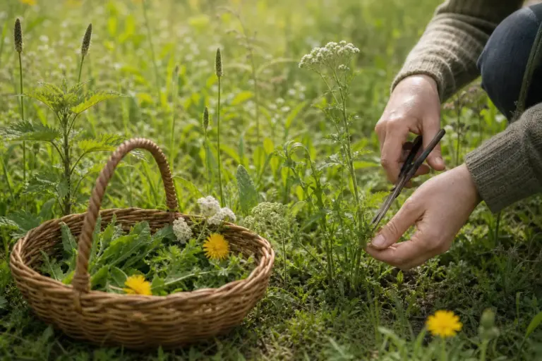 H&auml;nde schneiden Heilkr&auml;uter auf einer Wiese und sammeln sie in einem Weidenkorb.