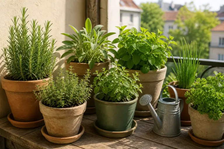 Rosmarin, Salbei, Minze, Schnittlauch und weitere Kräuter wachsen in einzelnen Töpfen auf einem Balkon.
