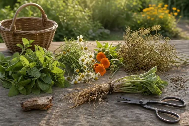 Blätter, Blüten, Samenstände und eine Wurzel liegen mit einer Gartenschere auf einem Holztisch