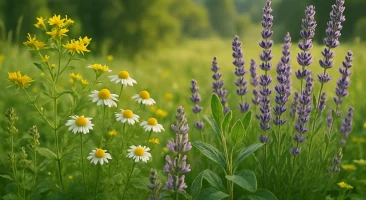 Blühende Wildblumenwiese mit Kamille, Lavendel und gelben Blumen an einem Sommertag