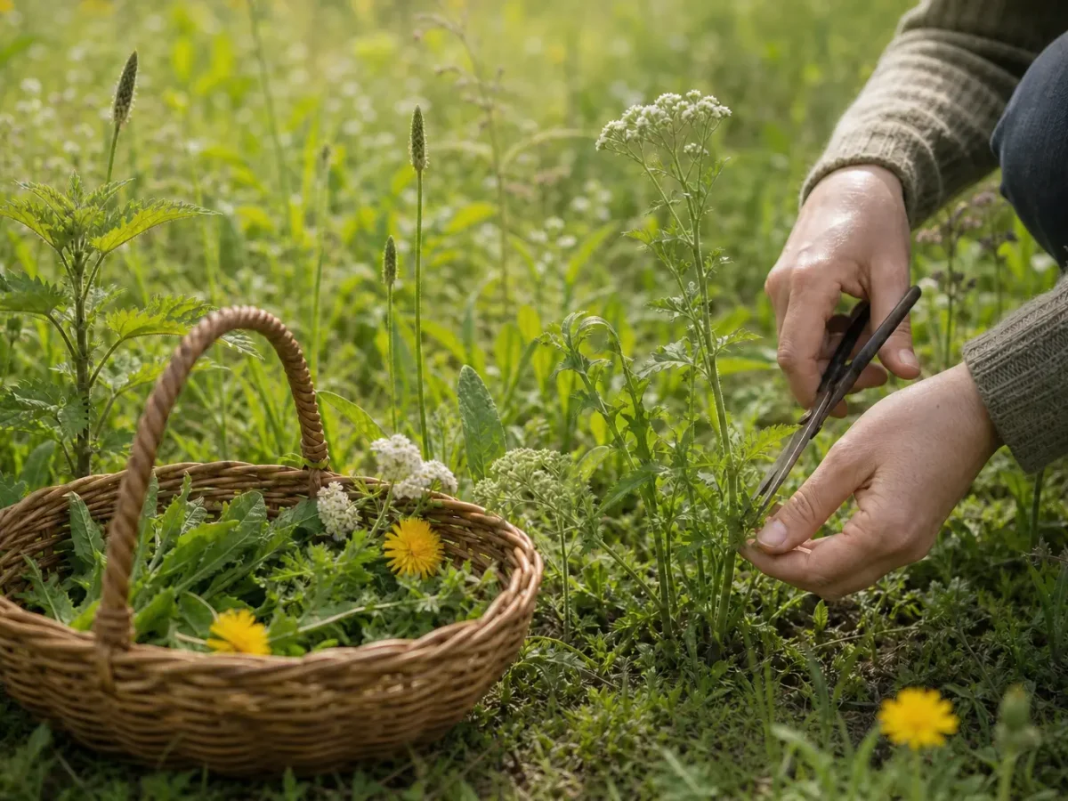 Hände schneiden Heilkräuter auf einer Wiese und sammeln sie in einem Weidenkorb.